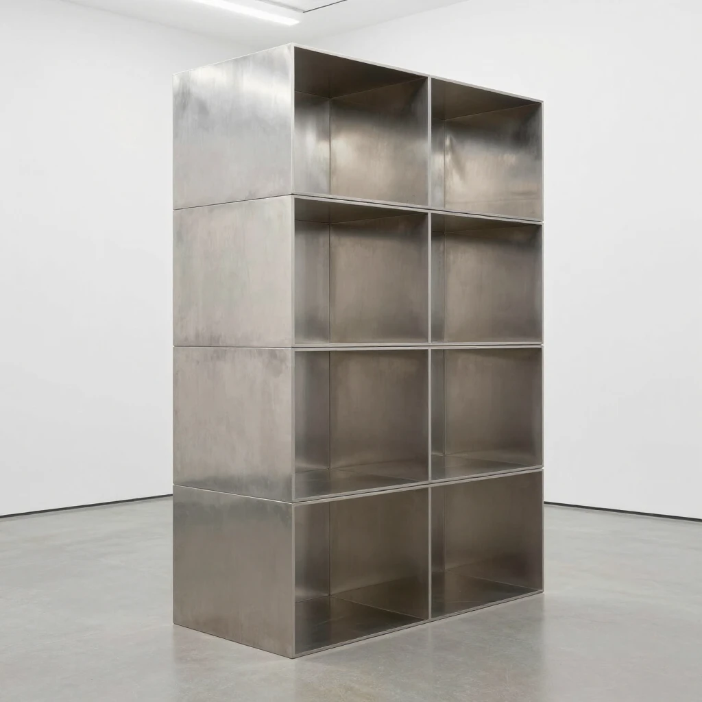Donald Judds minimalistische Skulptur 'Untitled' aus Edelstahlkästen in einer hellen Galerie