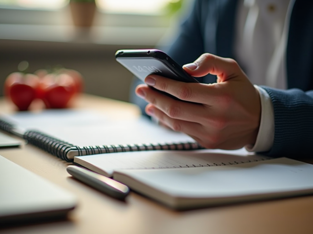 Eine Person nutzt einen Timer auf ihrem Handy während der Arbeit am Schreibtisch, um die Pomodoro-Technik zu zeigen.