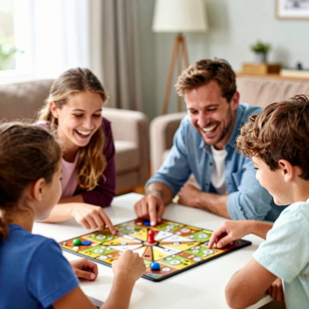 Familie spielt gemeinsam Brettspiele und lacht, ohne Geräte, in gemütlichem Wohnzimmer