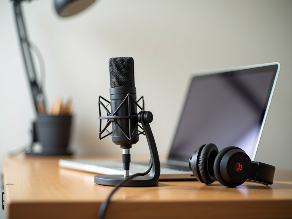 Minimalistische Podcast-Ausrüstung auf einem Holztisch