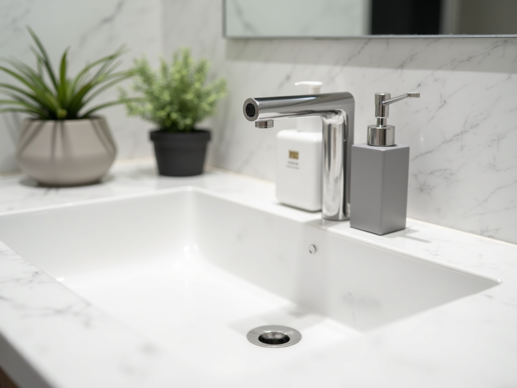 Minimalistische Waschbecken mit modernem Wasserhahn und einfacher Seifenspender