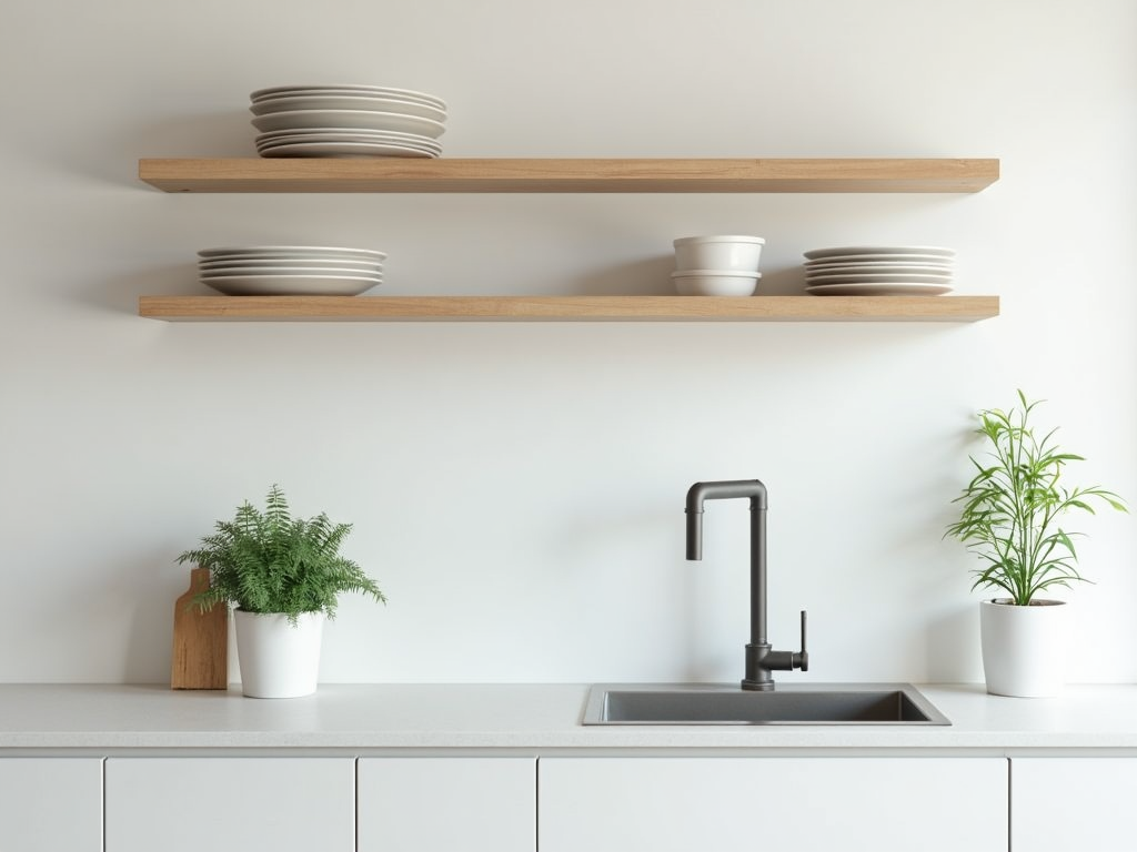 Eine minimalistische Küche mit offenen Regalen, auf denen wenige, ordentlich arrangierte Teller stehen, einer sauberen Arbeitsfläche und einem Kräutertopf am Spülbecken.
