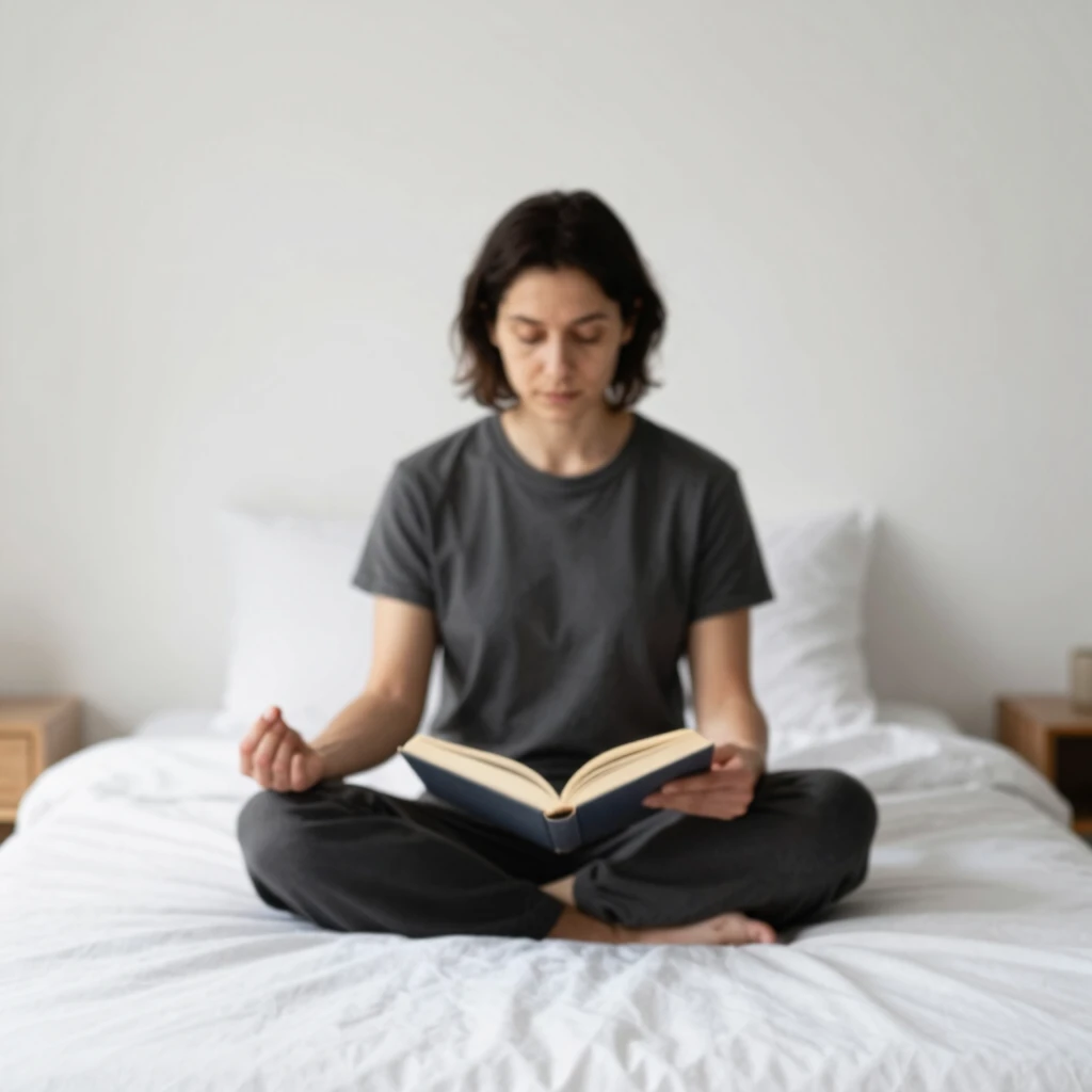 Eine Person sitzt entspannt in einem minimalistischen Schlafzimmer mit einfachem Bett und weicher Beleuchtung – ideal für Ruhe und Achtsamkeit