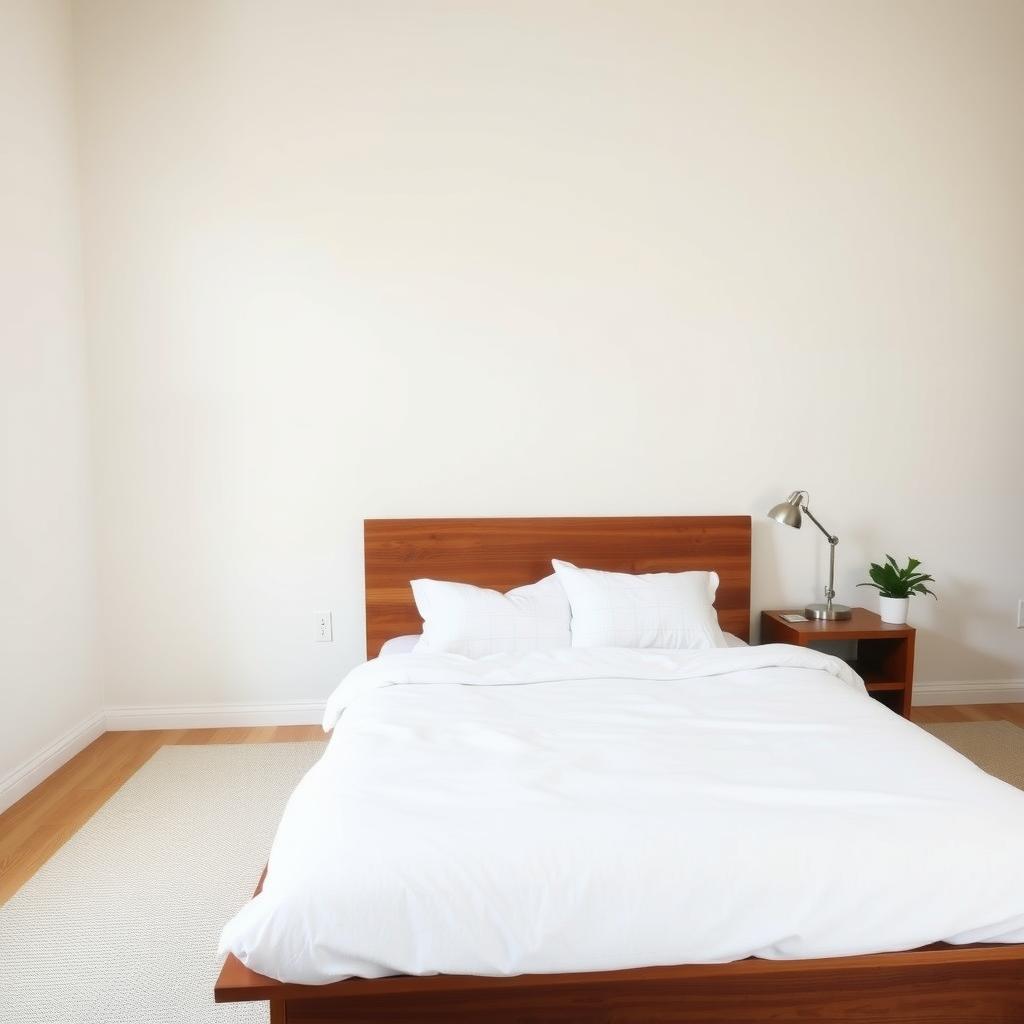 Minimalistisches Schlafzimmer mit niedrigem Holzbett, weißer Bettwäsche, Nachttisch mit Lampe und kleiner Pflanze.