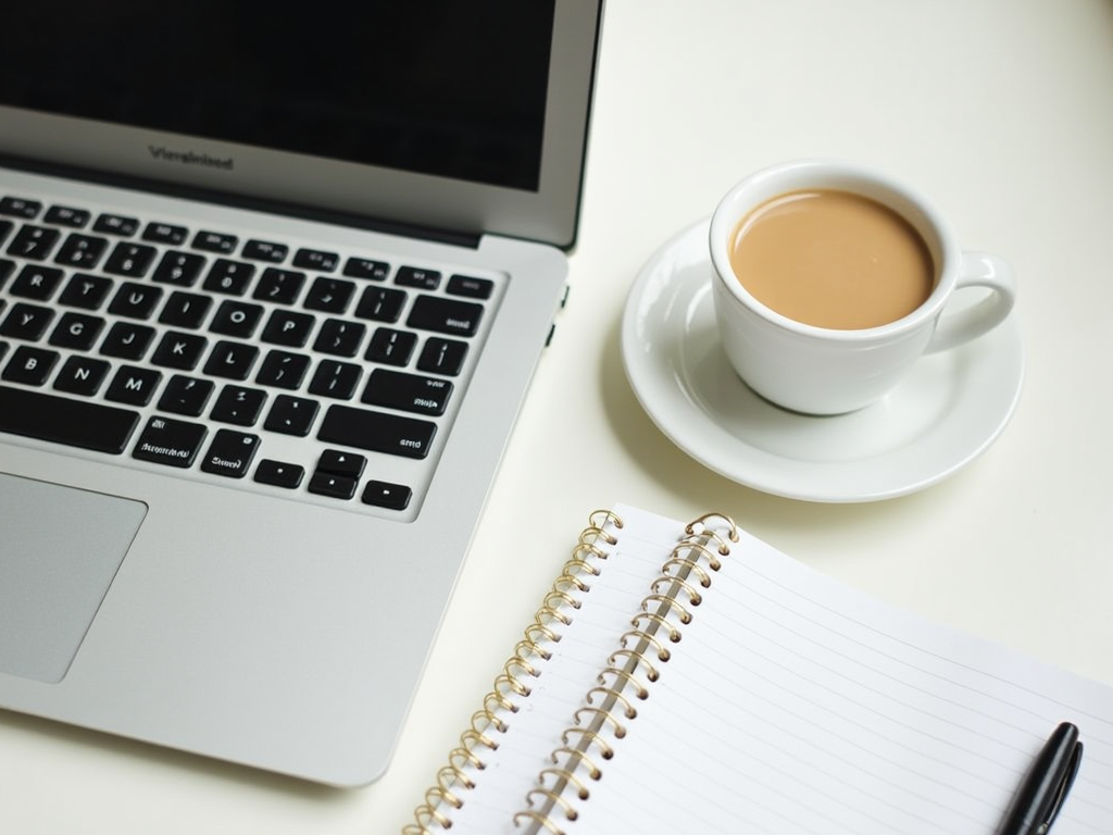Ein friedlicher Arbeitsplatz mit einem Laptop, einem Notizbuch und einer Tasse Kaffee auf einem sauberen Schreibtisch.