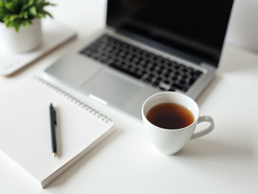 Ein minimalistischer Arbeitsplatz mit Laptop, Notizbuch und Kaffeetasse