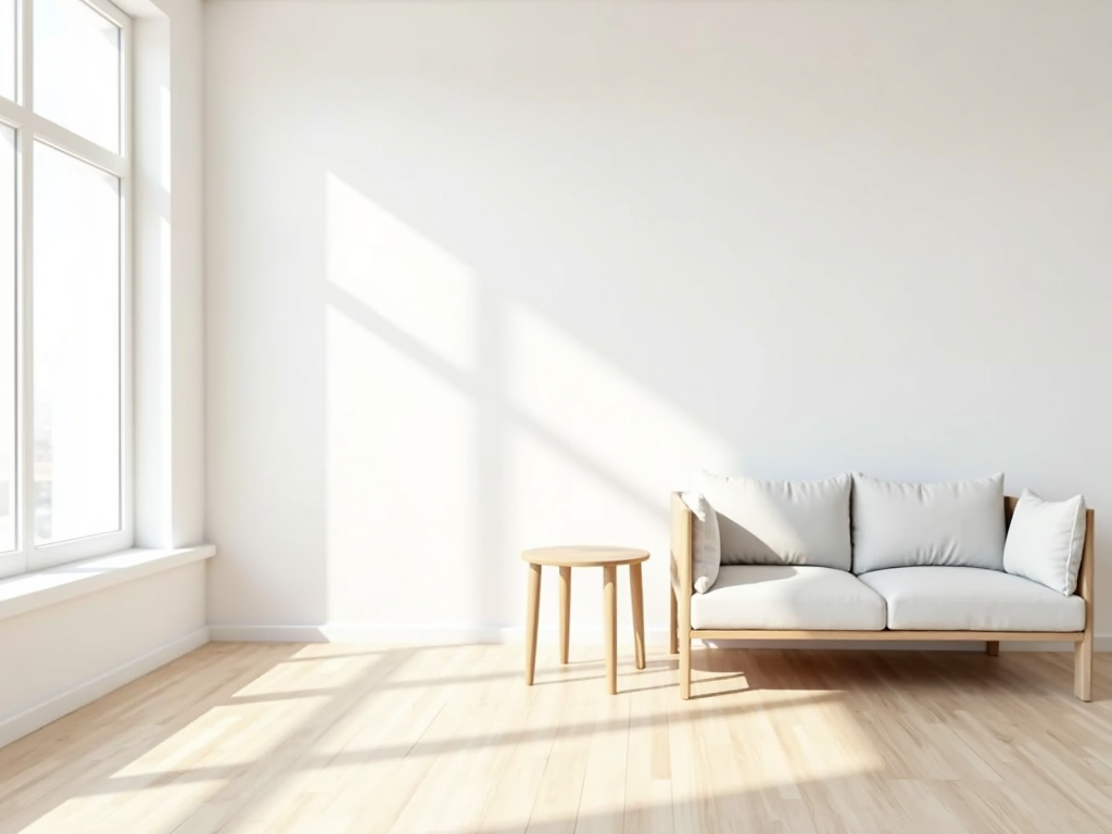Minimalistisches Wohnzimmer mit großen Fenstern