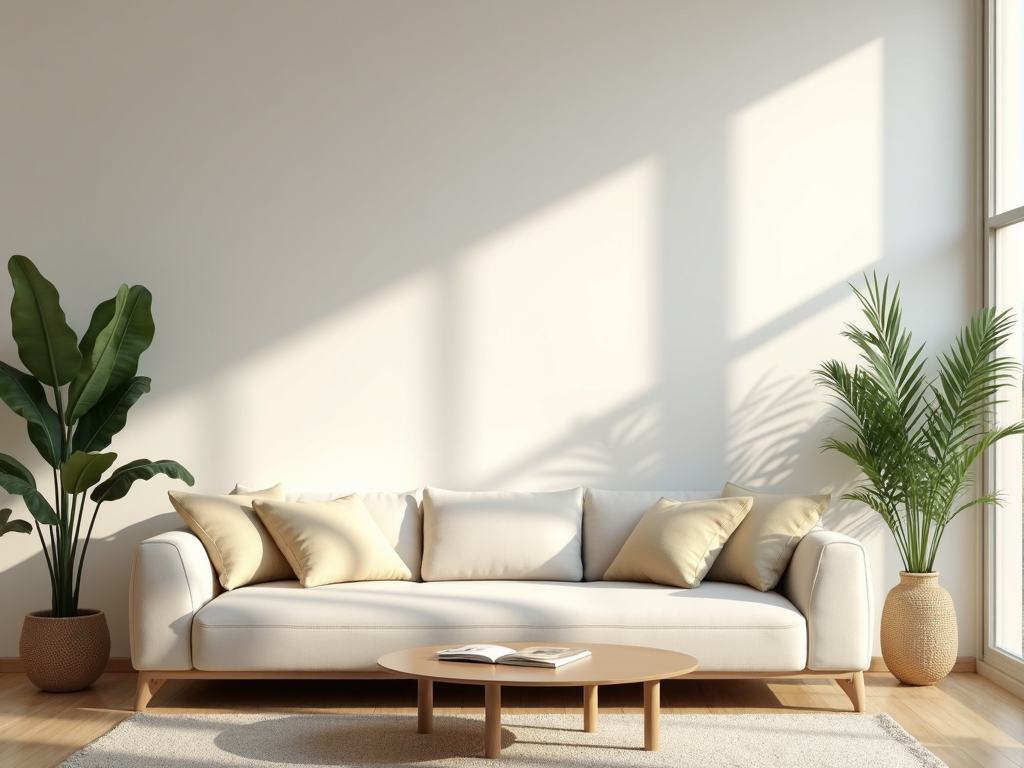 Ein aufgeräumtes Wohnzimmer mit minimaler Einrichtung, das Ruhe und Gelassenheit ausstrahlt.
