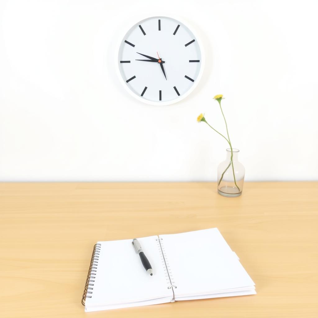 Ein ordentlicher Schreibtisch mit einem Notizbuch, einem Stift und einer kleinen Vase mit einer Blume vor einer weißen Wand mit einer minimalistischen Uhr.