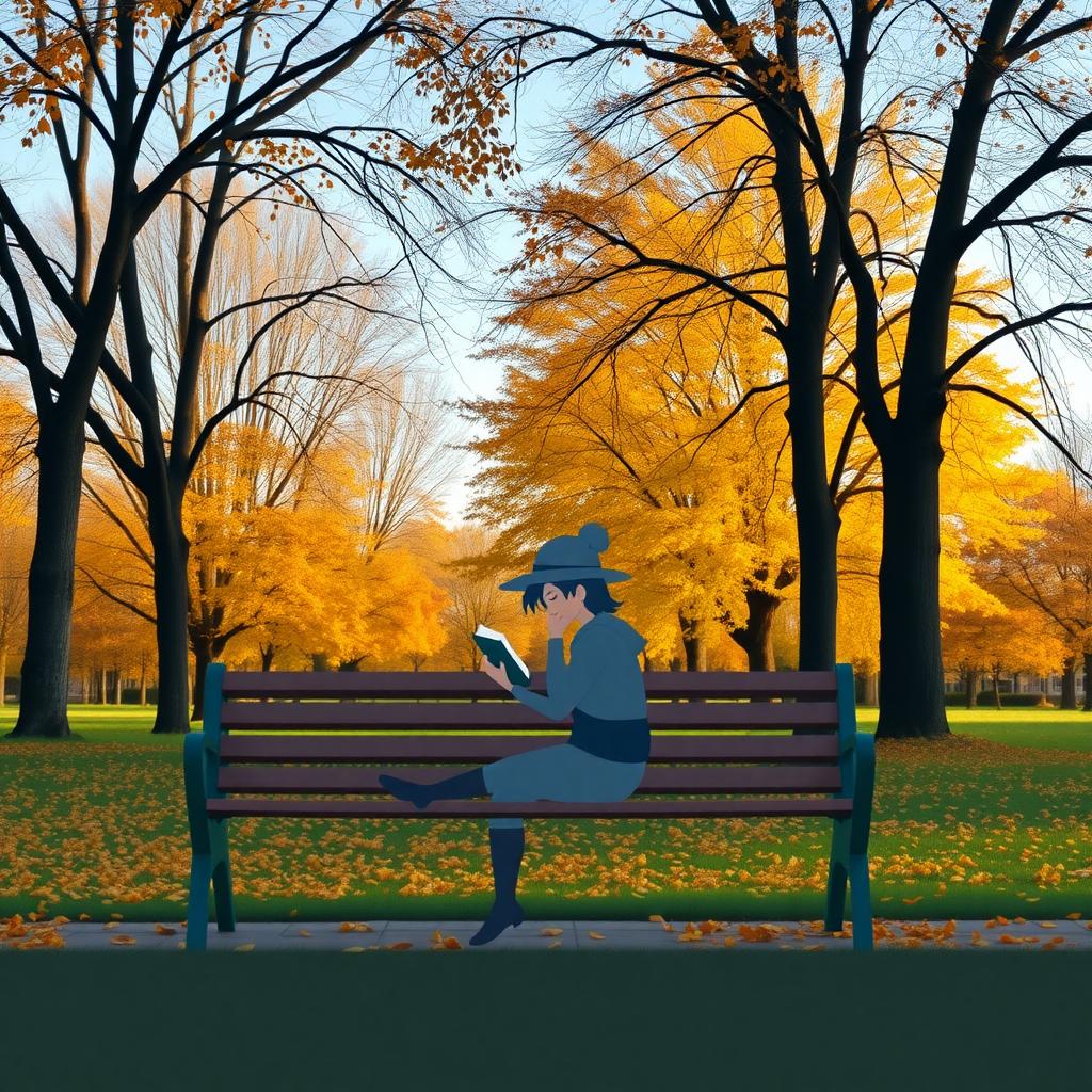 Eine Person sitzt auf einer Parkbank, umgeben von Herbstbäumen, und liest ein Buch in einer friedlichen Szene mit goldenen Blättern.