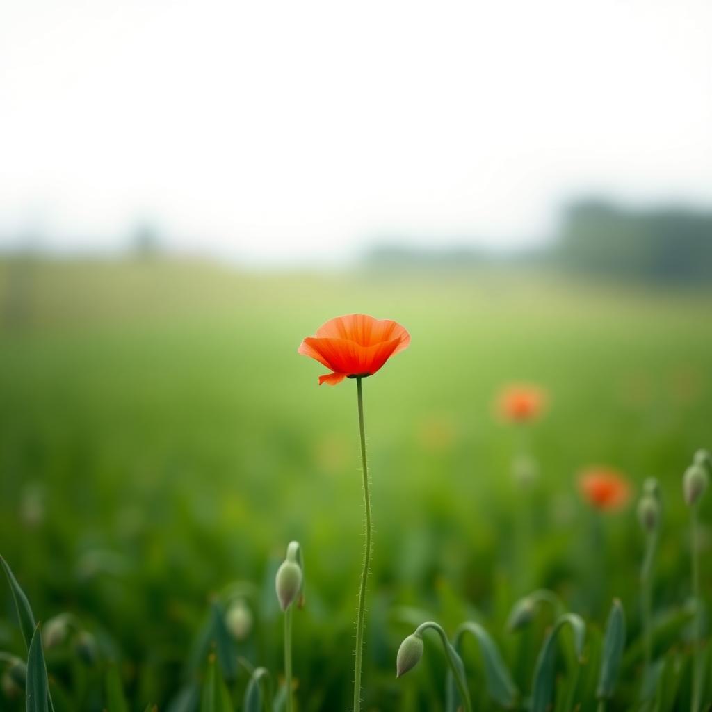 Eine einzelne rote Mohnblume in einem grünen Feld unter einem weichen, bewölkten Himmel.