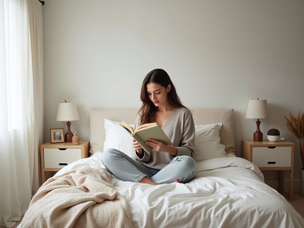 Person liest ein Buch in einem minimalistischen Schlafzimmer