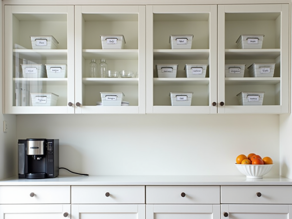 Minimalistische Küche mit leeren Arbeitsflächen und organisierten Schränken