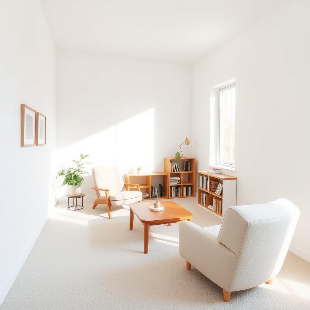 Ein minimalistisch eingerichtetes Wohnzimmer mit einem Holztisch, einem Sessel und einem Regal mit wenigen Büchern, beleuchtet durch sanftes Tageslicht.