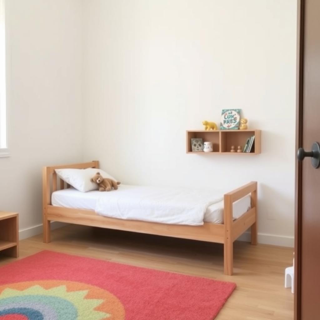 Ein aufgeräumtes Kinderzimmer mit einem schlichten Holzbett, einem Kuscheltier auf dem Kissen, einem kleinen Regal mit wenigen Büchern und Spielsachen und einem bunten Teppich.