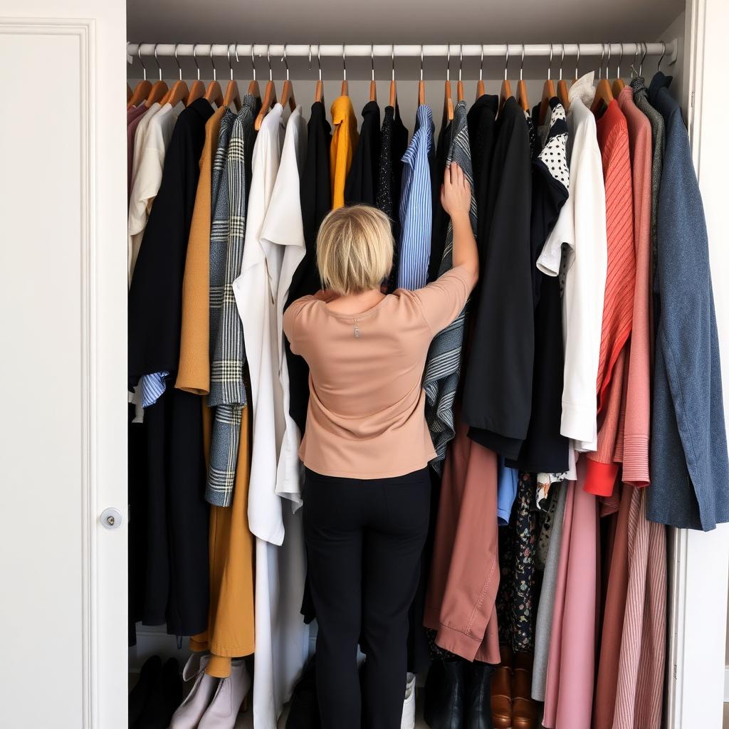 Eine Person, die ihren minimalistischen Kleiderschrank pflegt.