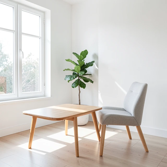 Heller, minimalistischer Wohnraum mit natürlichem Licht und wenigen ausgewählten Möbeln