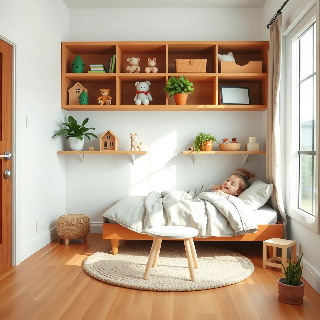 Aufgeräumtes, minimalistisches Kinderzimmer mit einfachem Bett und wenigen Spielzeugen auf Regalen