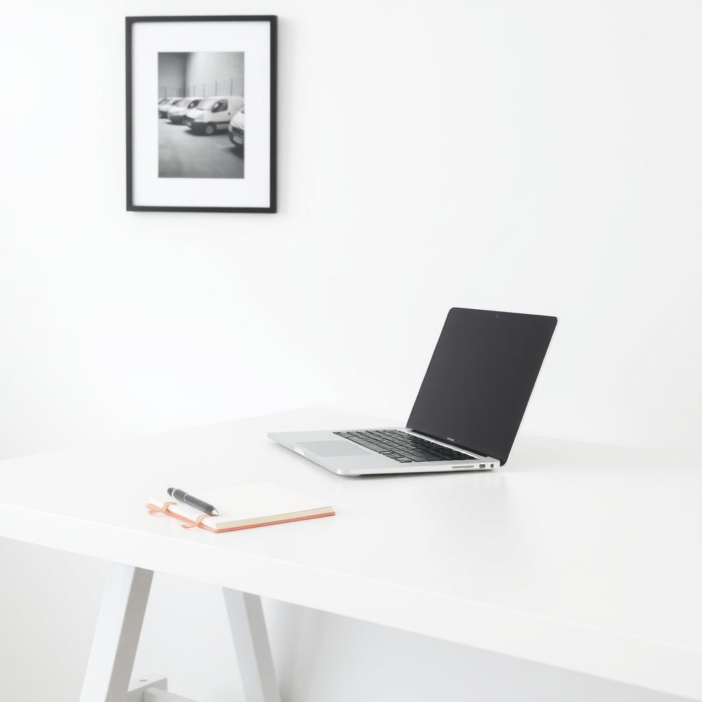 Ein minimalistischer Schreibtisch mit einem Laptop, einem Stift und einem kleinen Notizbuch auf einer weißen Tischplatte, mit einem schwarz-weißen Foto an der Wand.
