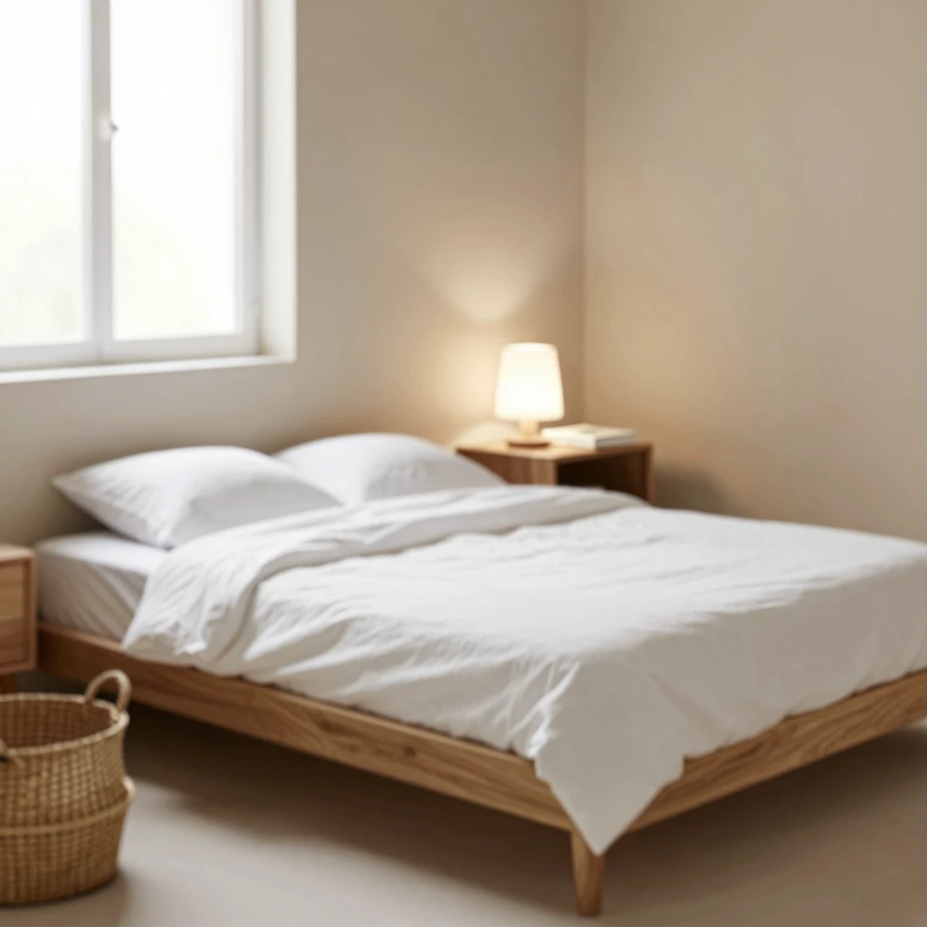 Gemütliches minimalistisches Schlafzimmer bei abendlichem Licht