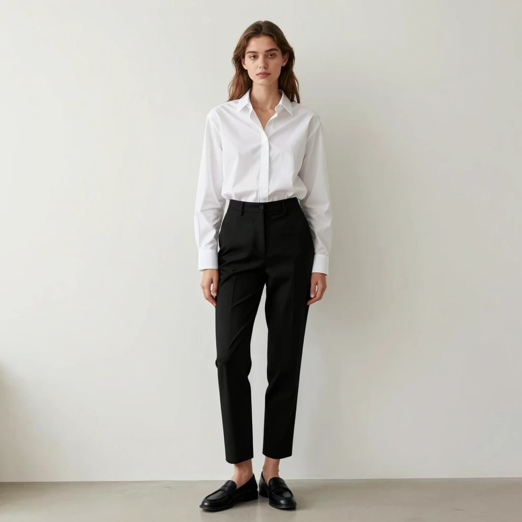 Frau in typischem minimalistischen Outfit mit weißer Bluse und schwarzer Hose
