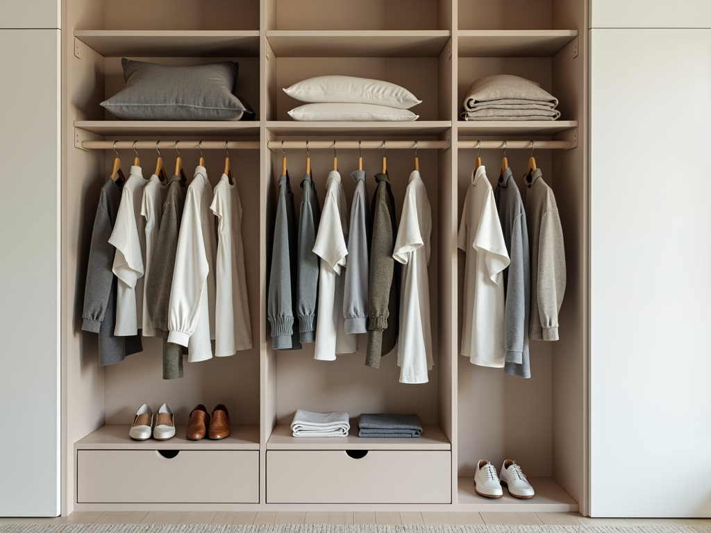 Ein ordentlicher Kleiderschrank mit wenigen Kleidungsstücken und neutralen Farben.