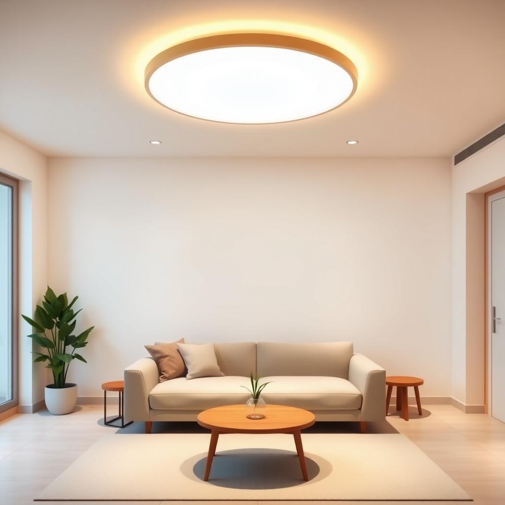 Modernes, minimalistisches Wohnzimmer mit warmer LED-Beleuchtung, die ein gemütliches Sofa und einen kleinen Holztisch beleuchtet.