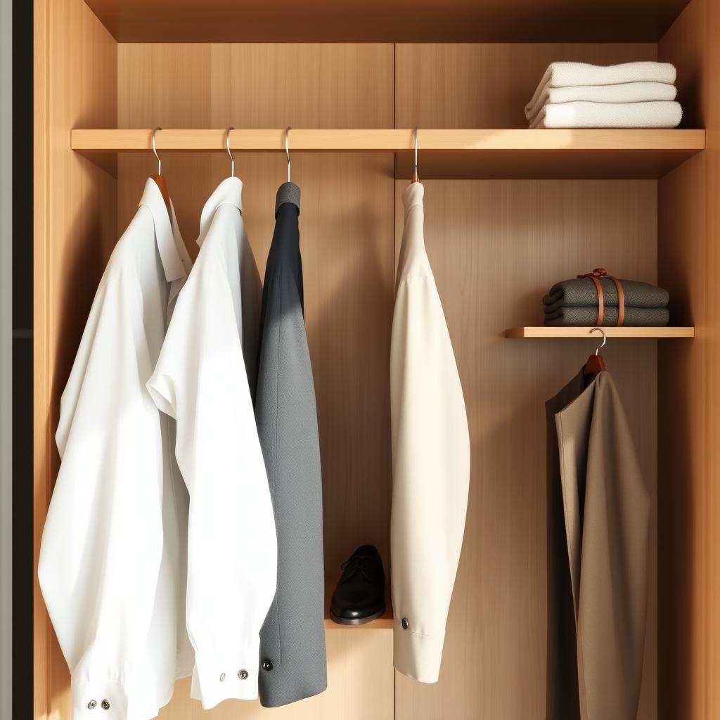 Ein ordentlich organisierter minimalistischer Kleiderschrank mit wenigen hochwertigen Kleidungsstücken an Holzbügeln, helles Holz, neutrale Farben und ein Paar Lederschuhe.