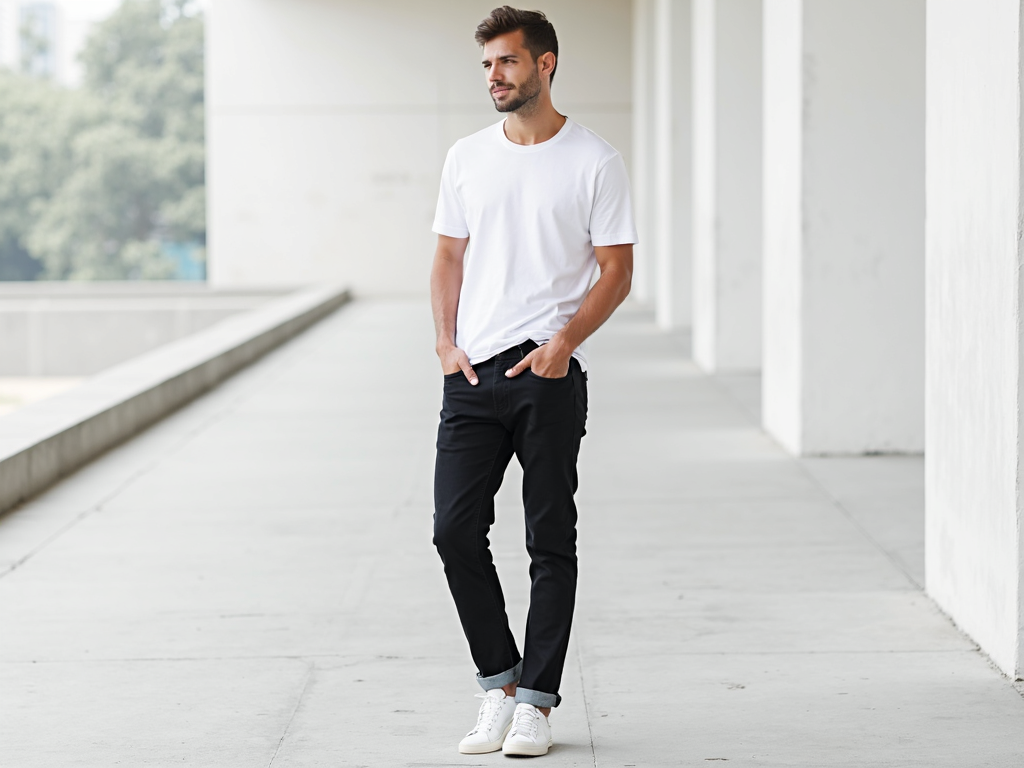 Eine Person in einem minimalistischen Outfit, bestehend aus einem weißen T-Shirt, schwarzen Jeans und weißen Sneakers.