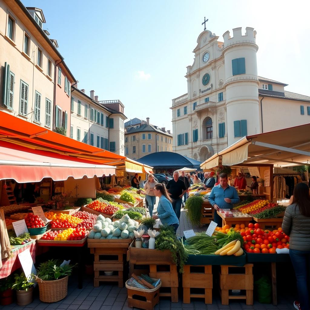 Ein lebhafter Bauernmarkt auf einem europäischen Stadtplatz mit bunten Ständen voller frischem Obst, Gemüse und handgemachten Waren.