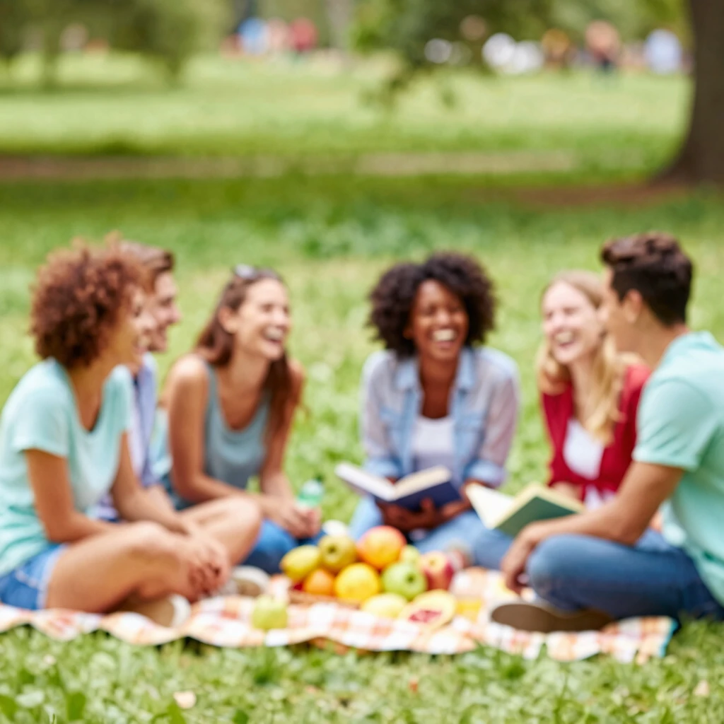 Freunde genießen ein Picknick im Park und teilen lachend Erlebnisse