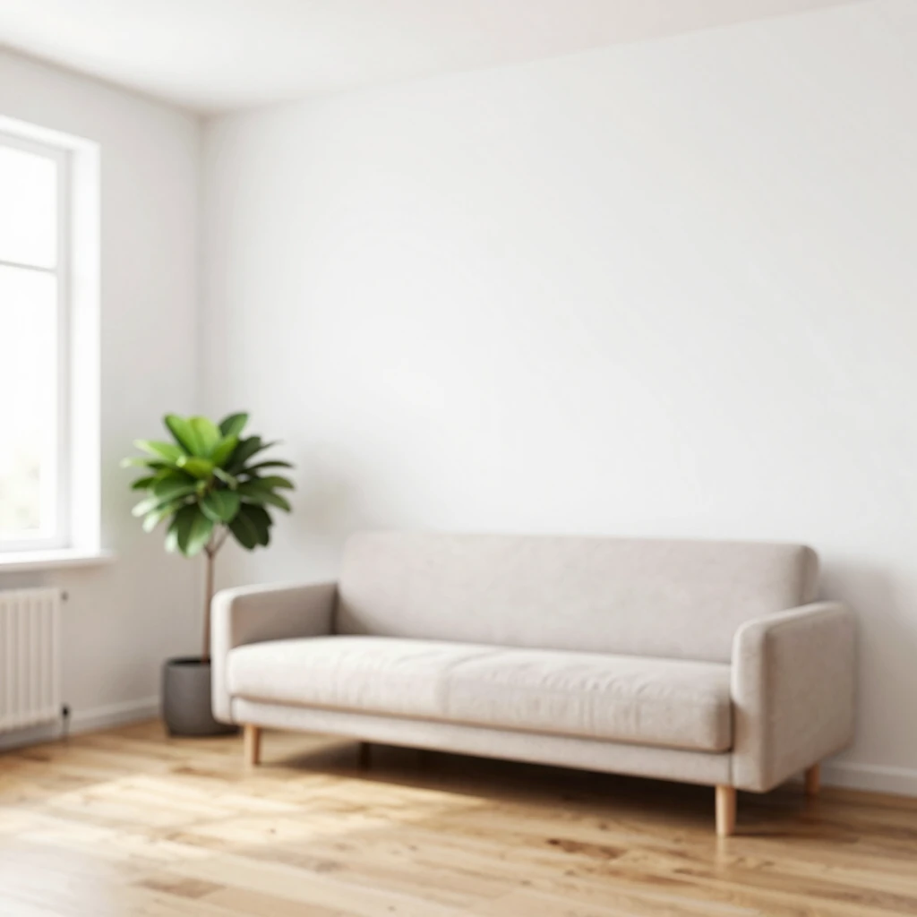 Ein ruhiges, minimalistisches Wohnzimmer mit weißen Wänden, Holzboden, einfachem Sofa, einer Pflanze und natürlichem Licht