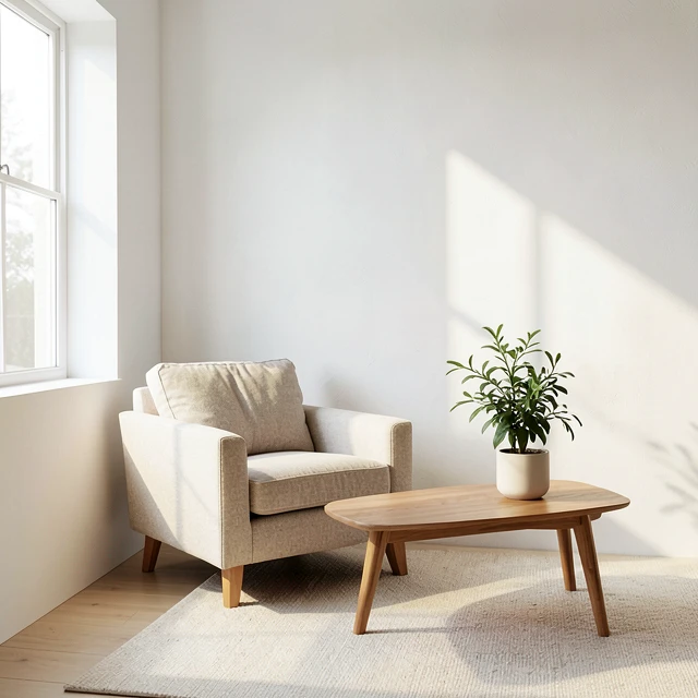 Minimalistisches Wohnzimmer mit klaren Linien und natürlichem Licht