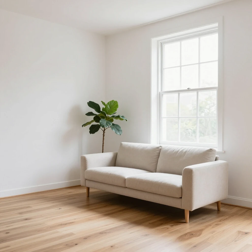 Ein ruhiges, minimalistisches Wohnzimmer mit weißen Wänden, Holzboden, einem einzelnen Sofa, einer Pflanze und viel natürlichem Licht