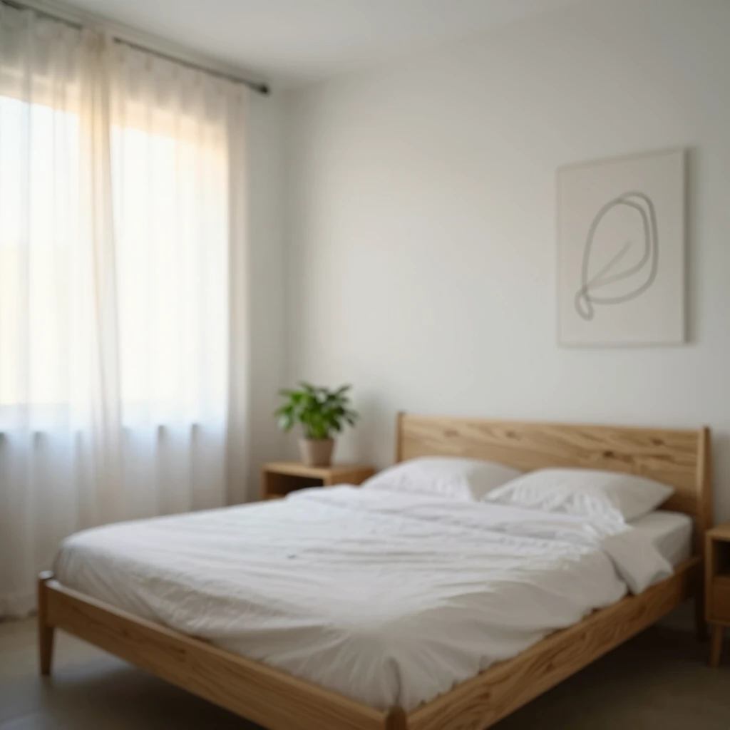 Ein minimalistisches Schlafzimmer bei Sonnenaufgang, das Ruhe und Klarheit vermittelt