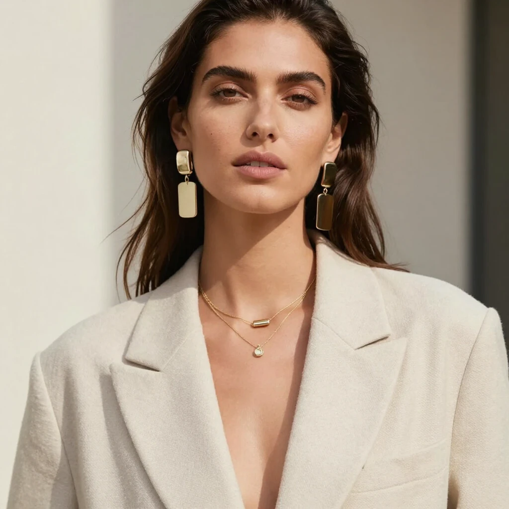Frau in minimalistischer Kleidung, die durch markante Ohrringe und eine zarte Kette einen eleganten Akzent setzt