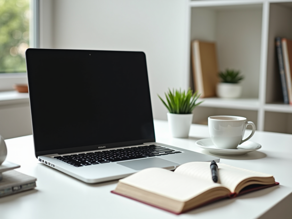 Ein minimalistischer Arbeitsplatz mit einem Laptop und einer Tasse Kaffee.