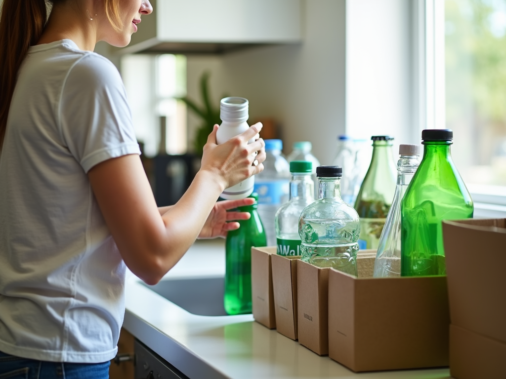 Eine Person, die Glas und Karton recycelt