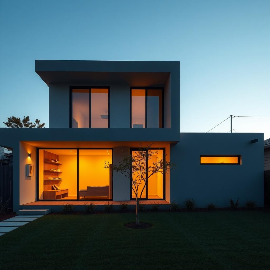 Minimalistisches Haus mit klaren Linien, großen Glasfenstern und Betonfassade bei Dämmerung, umgeben von einem schlichten Garten.