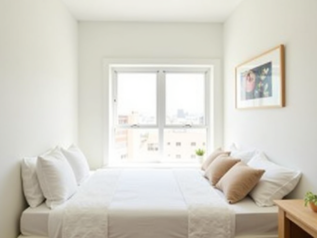 Ein kleines, minimalistisches Schlafzimmer mit hellem Farbschema und natürlichem Licht.