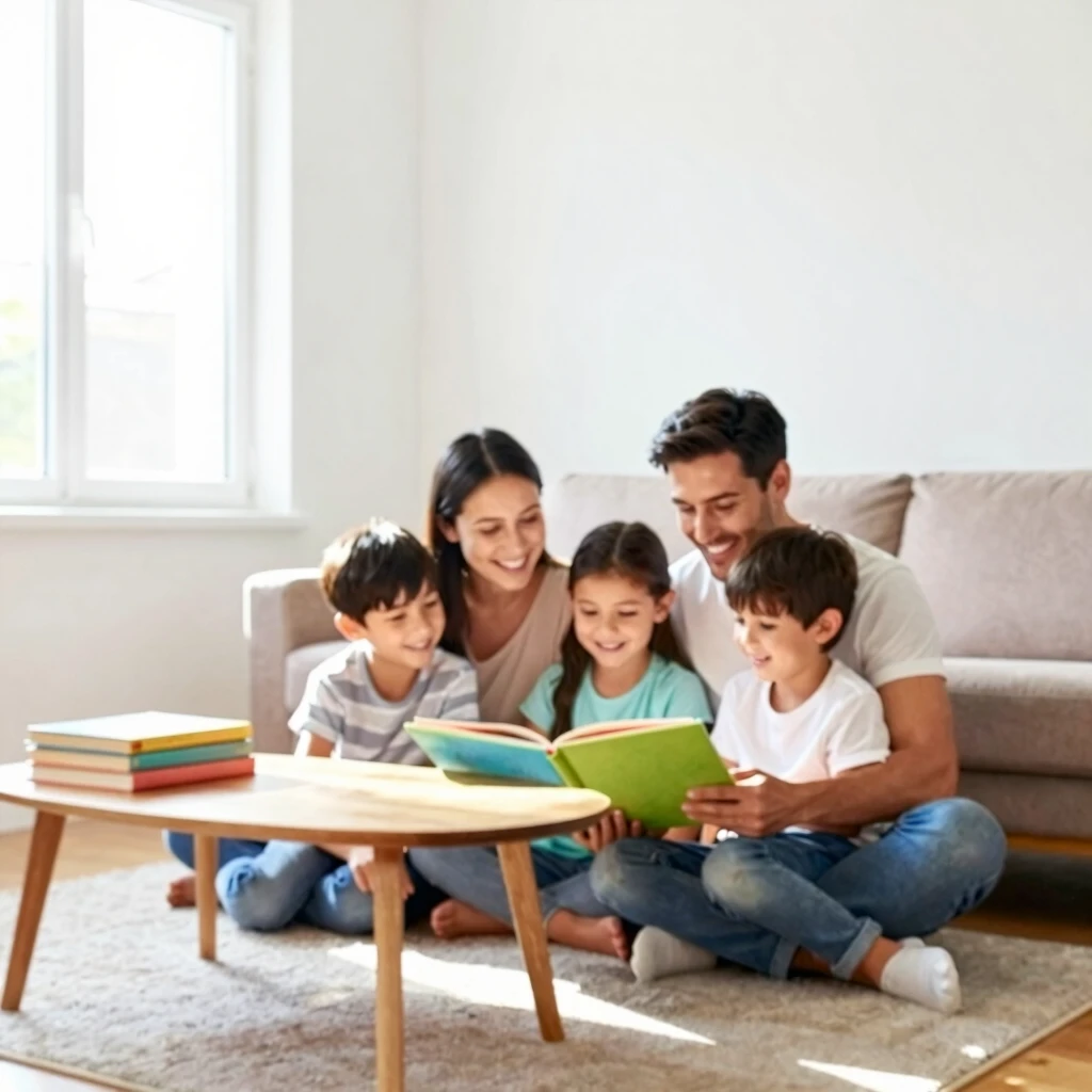 Familie liest gemeinsam in einem minimalistischen Wohnzimmer