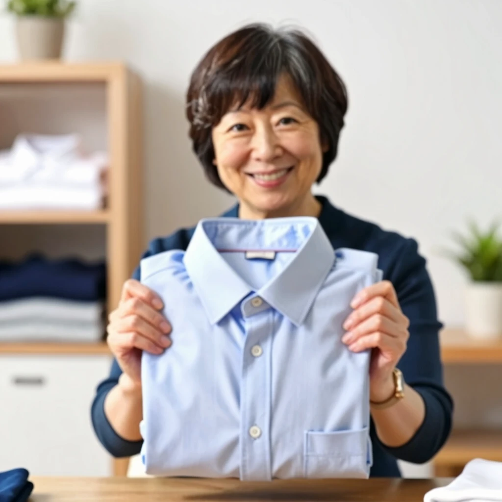 Marie Kondo demonstriert fröhlich die KonMari-Falttechnik an einem Shirt