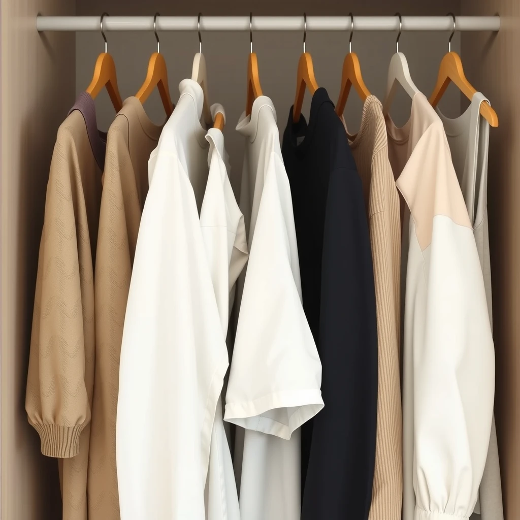 Ein aufgeräumter Kleiderschrank mit wenigen neutralen Kleidungsstücken, die ordentlich hängen – ein Beispiel für eine Capsule Wardrobe