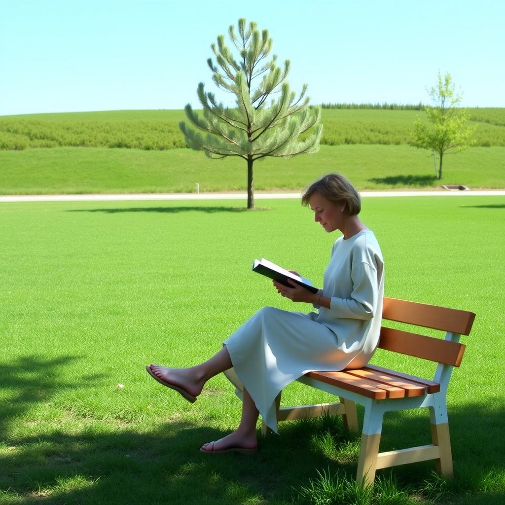 Eine Person sitzt auf einer schlichten Holzbank in einem Park, liest ein Buch und trägt einfache, neutrale Kleidung vor einem klaren Himmel.
