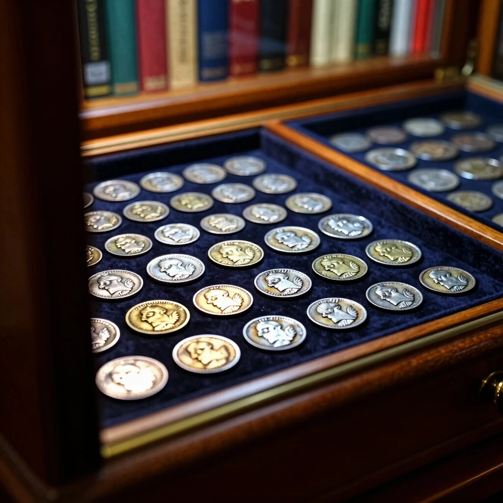 Präsentierte Münzsammlung in einer Vitrine