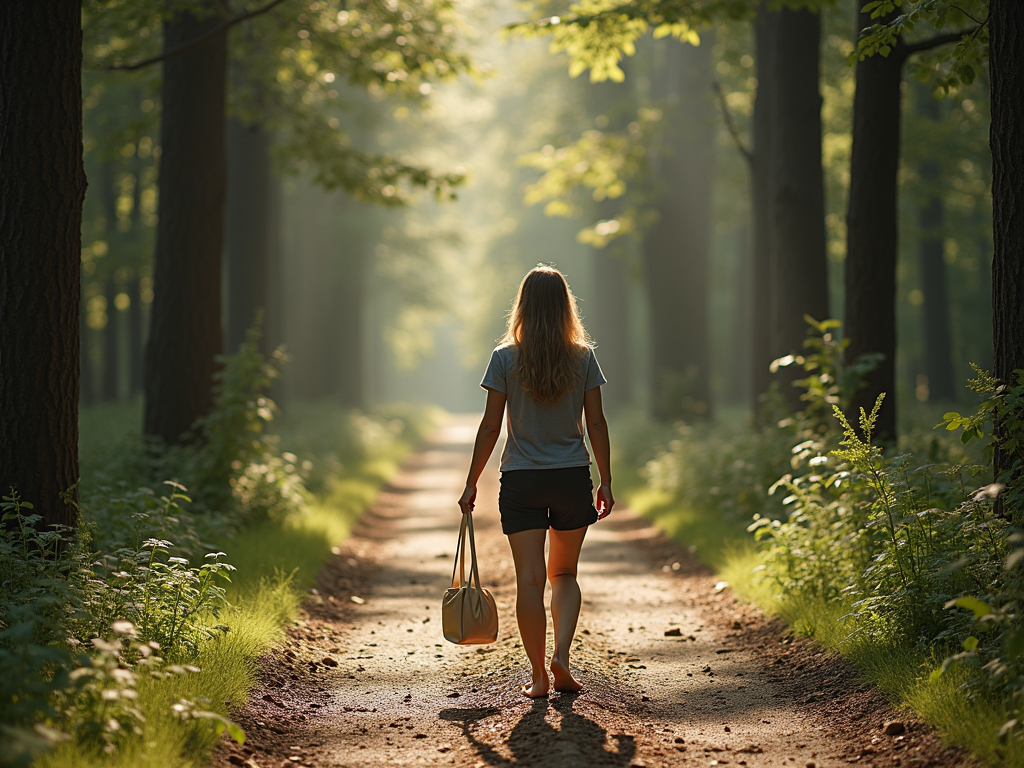Eine Person geht barfuß auf einem Waldweg, trägt nur eine kleine Tasche und wirkt friedlich.