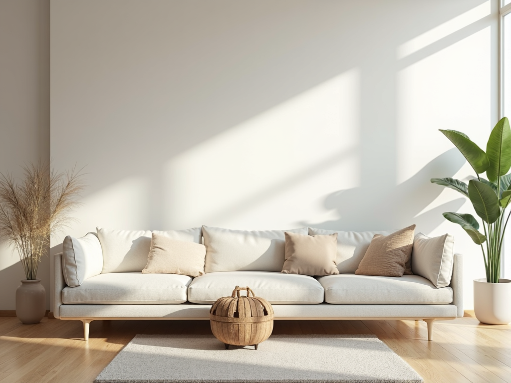 Ein ruhiger Wohnraum mit minimalen Möbeln und natürlichem Licht.