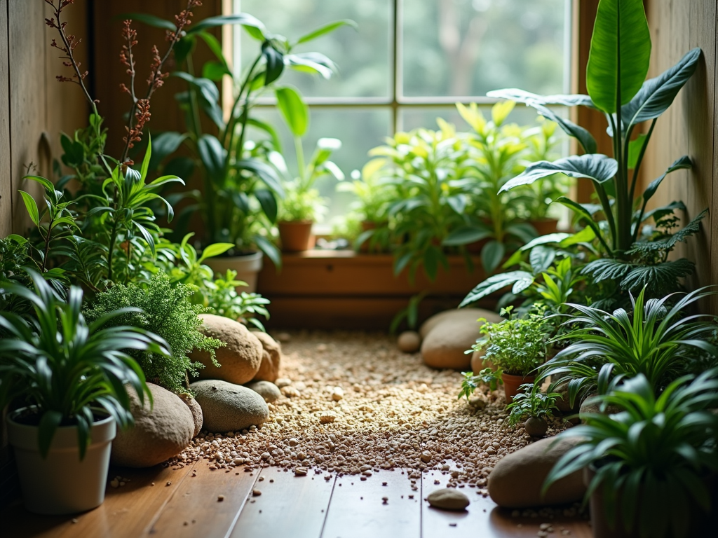 Ein kleiner Innengarten mit verschiedenen Pflanzen und natürlichen Elementen, der eine friedliche und entspannende Atmosphäre schafft.