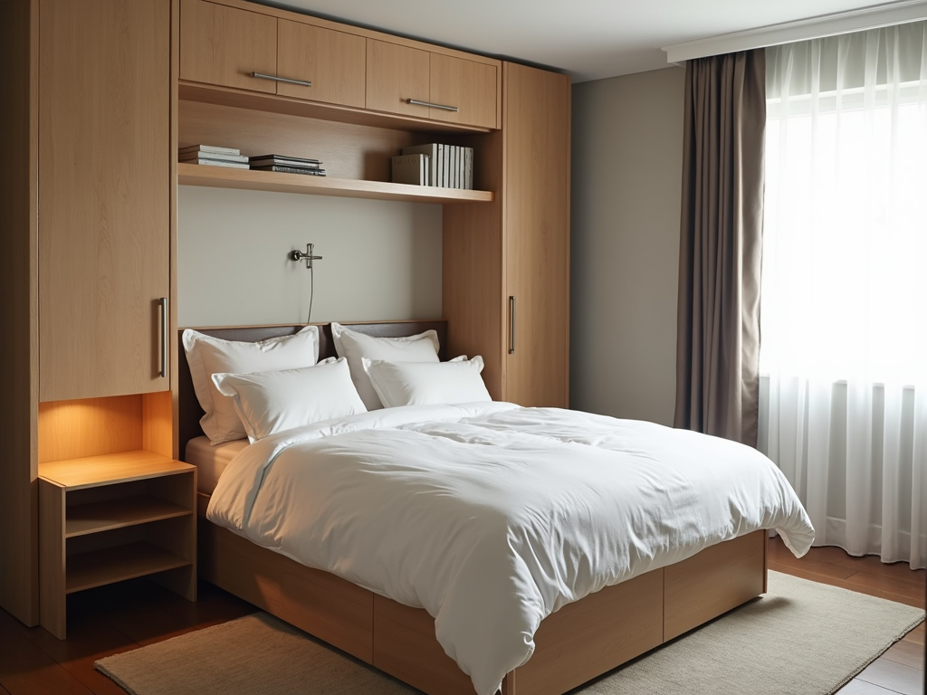 Kleines Schlafzimmer mit einem an der Wand hochgeklappten Wandbett, das einen Schreibtisch und Stauraum darunter freigibt.