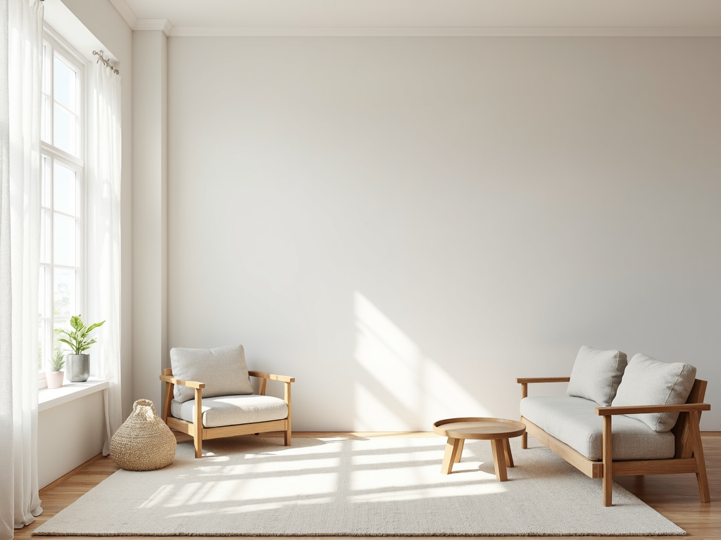 Ein minimalistisches Wohnzimmer mit natürlichem Licht und wenigen, sorgfältig ausgewählten Möbeln.
